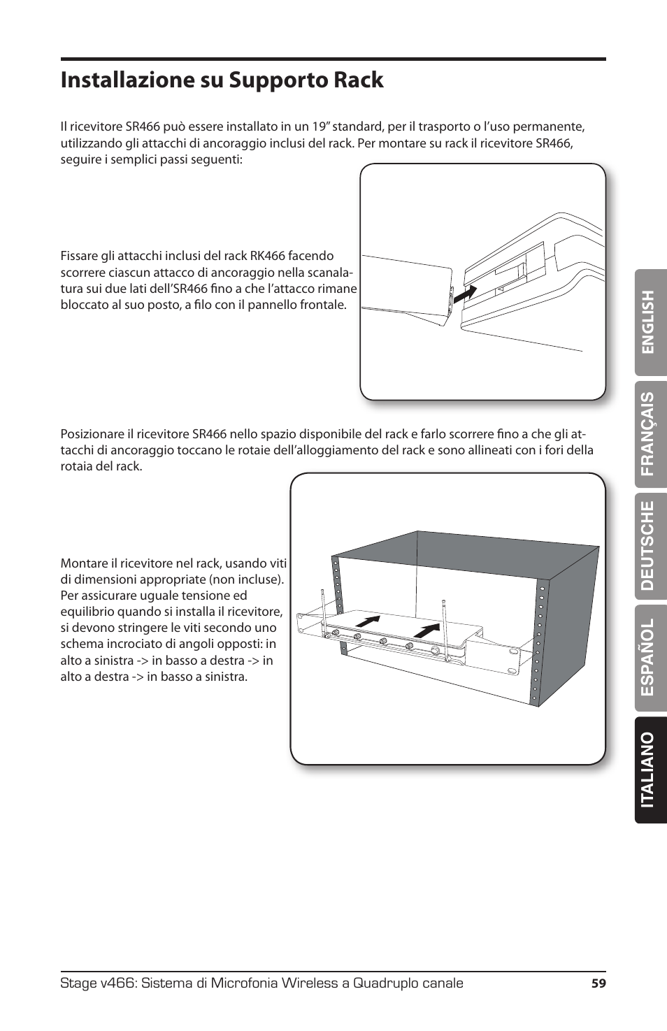 Installazione su supporto rack | Samson HT6 Wireless Handheld Microphone Transmitter (Channel 11) User Manual | Page 59 / 64
