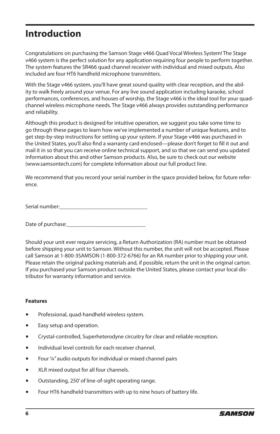 Introduction | Samson HT6 Wireless Handheld Microphone Transmitter (Channel 11) User Manual | Page 6 / 64
