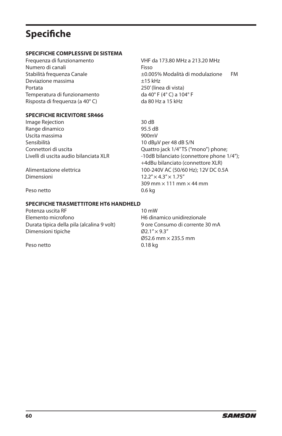 Specifiche | Samson HT6 Wireless Handheld Microphone Transmitter (Channel 11) User Manual | Page 60 / 64