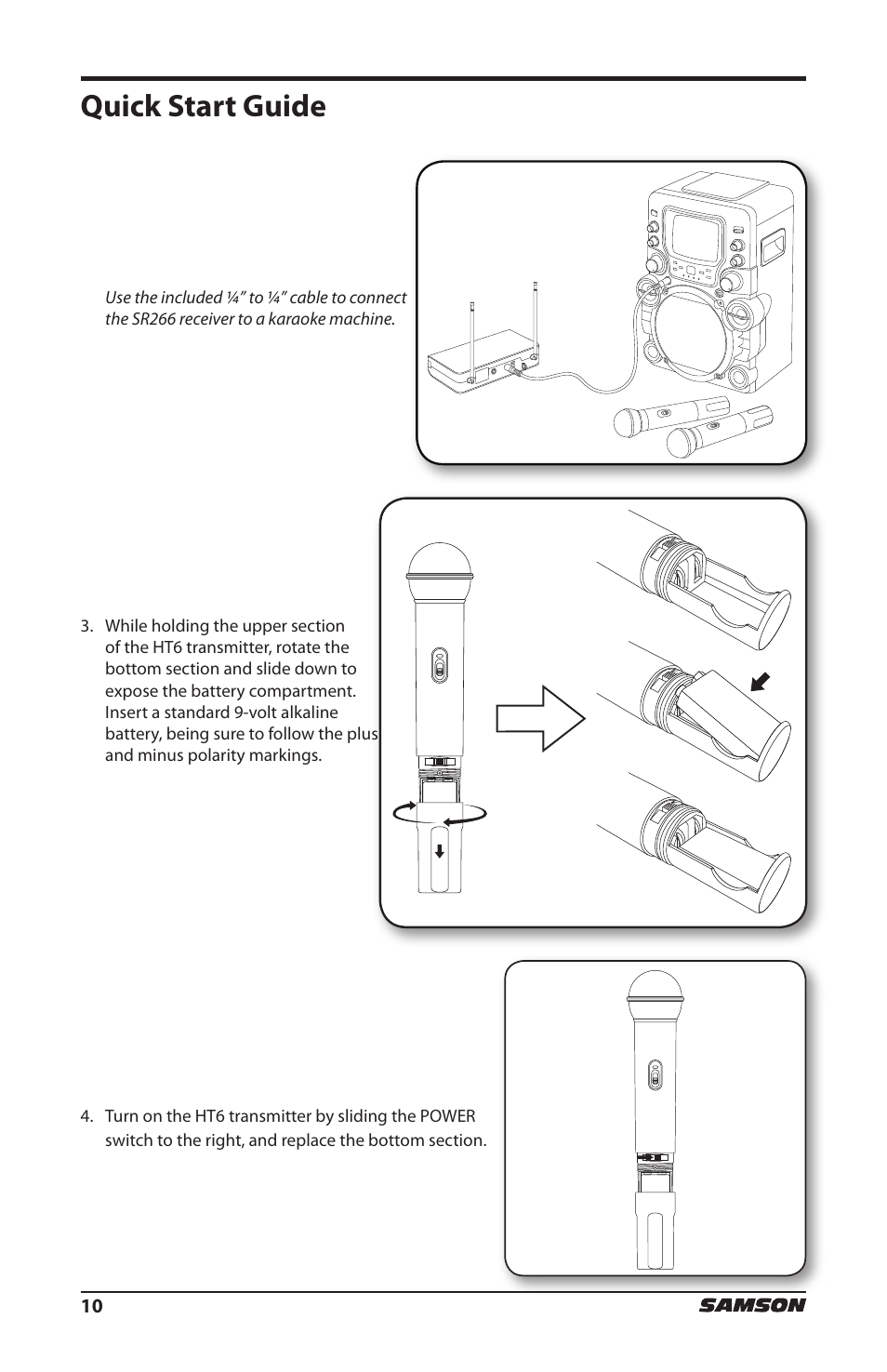 Quick start guide | Samson HT6 Professional Handheld Microphone Transmitter (Channel 3) User Manual | Page 10 / 64