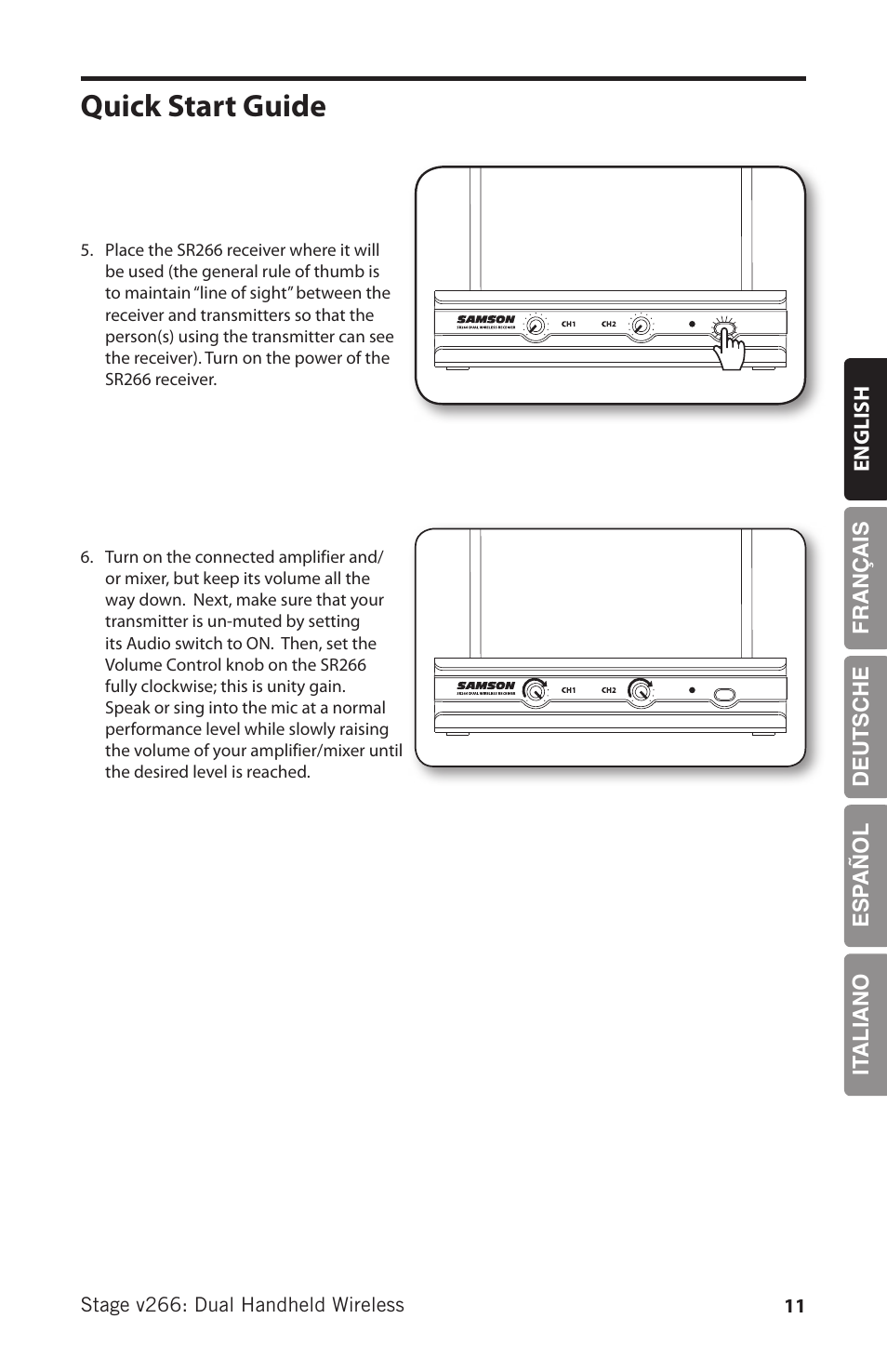 Quick start guide | Samson HT6 Professional Handheld Microphone Transmitter (Channel 3) User Manual | Page 11 / 64