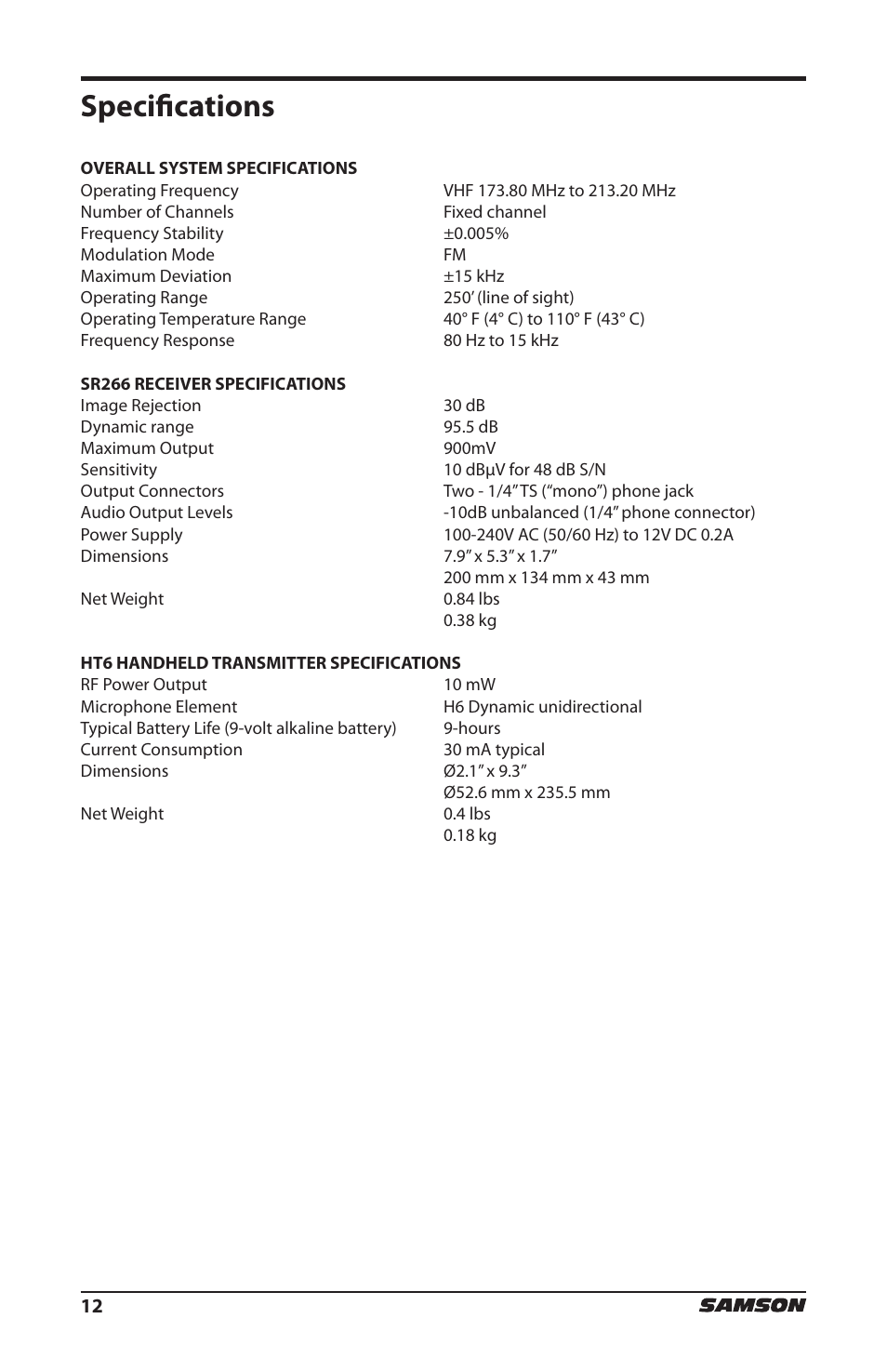 Specifications | Samson HT6 Professional Handheld Microphone Transmitter (Channel 3) User Manual | Page 12 / 64