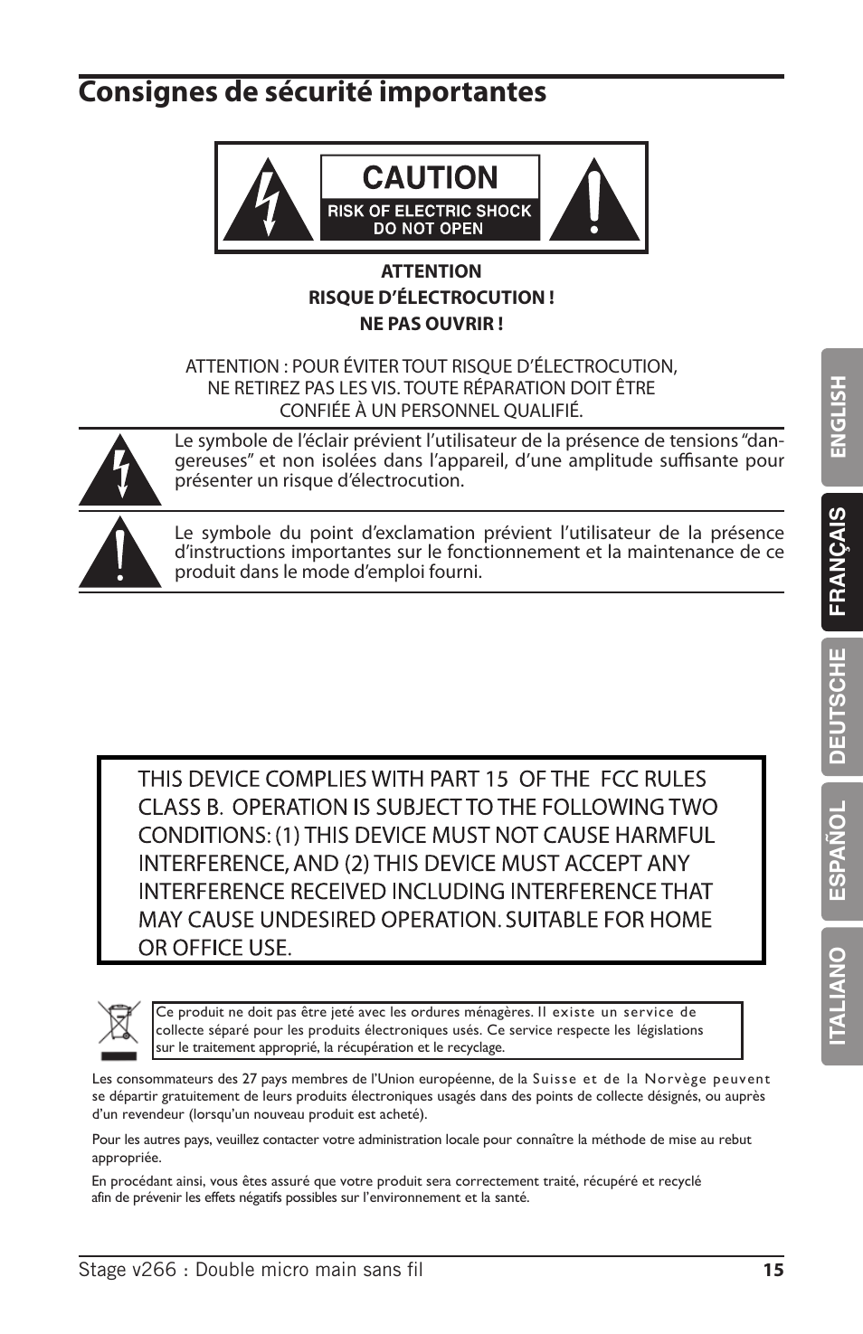 Consignes de sécurité importantes | Samson HT6 Professional Handheld Microphone Transmitter (Channel 3) User Manual | Page 15 / 64
