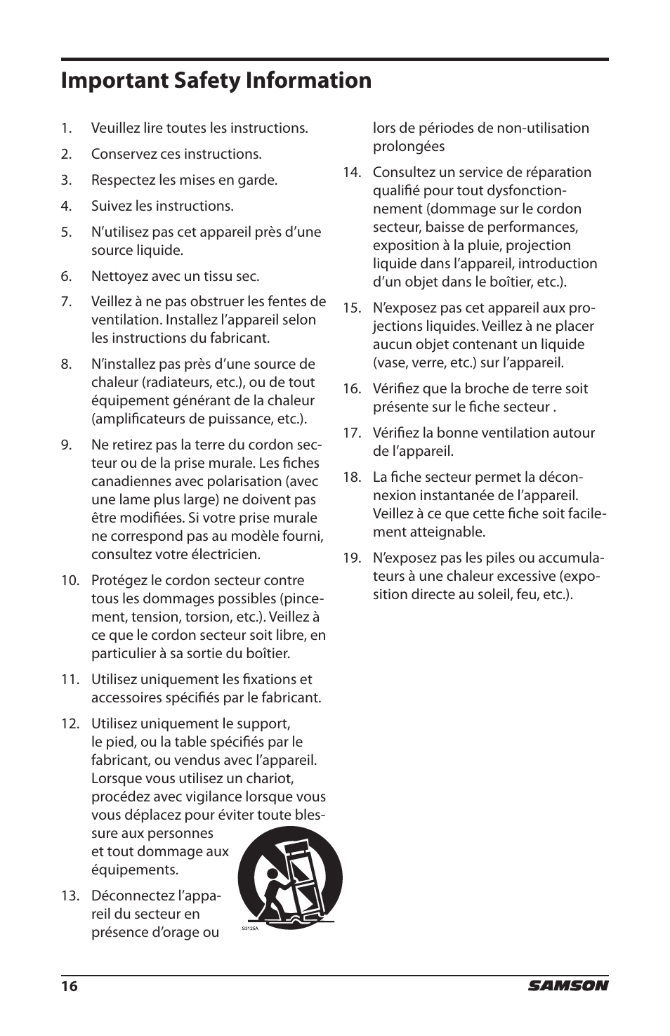 Important safety information | Samson HT6 Professional Handheld Microphone Transmitter (Channel 3) User Manual | Page 16 / 64