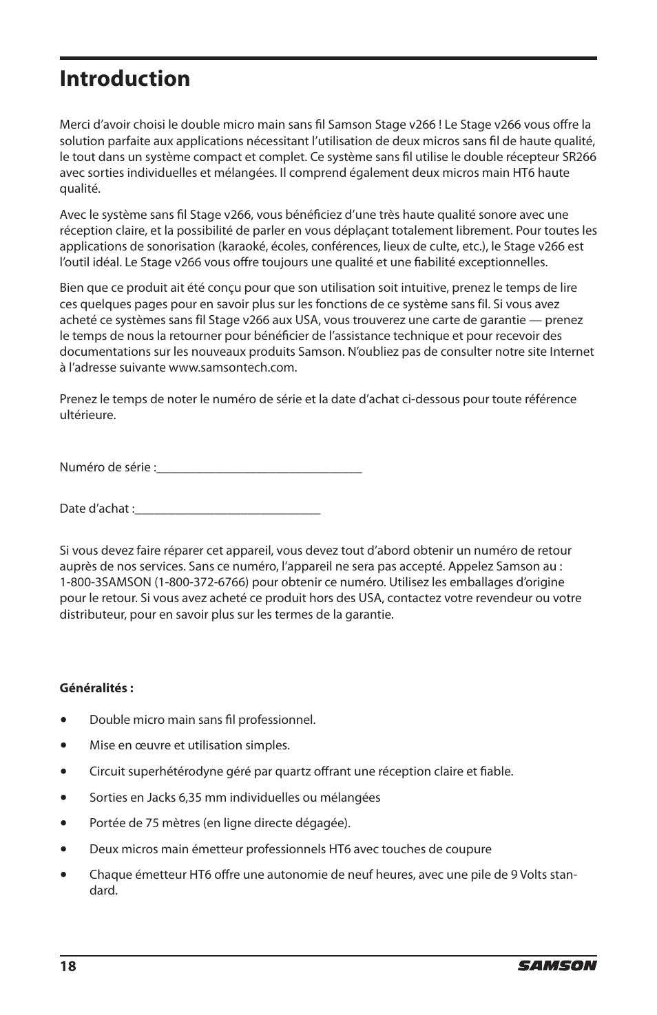 Introduction | Samson HT6 Professional Handheld Microphone Transmitter (Channel 3) User Manual | Page 18 / 64
