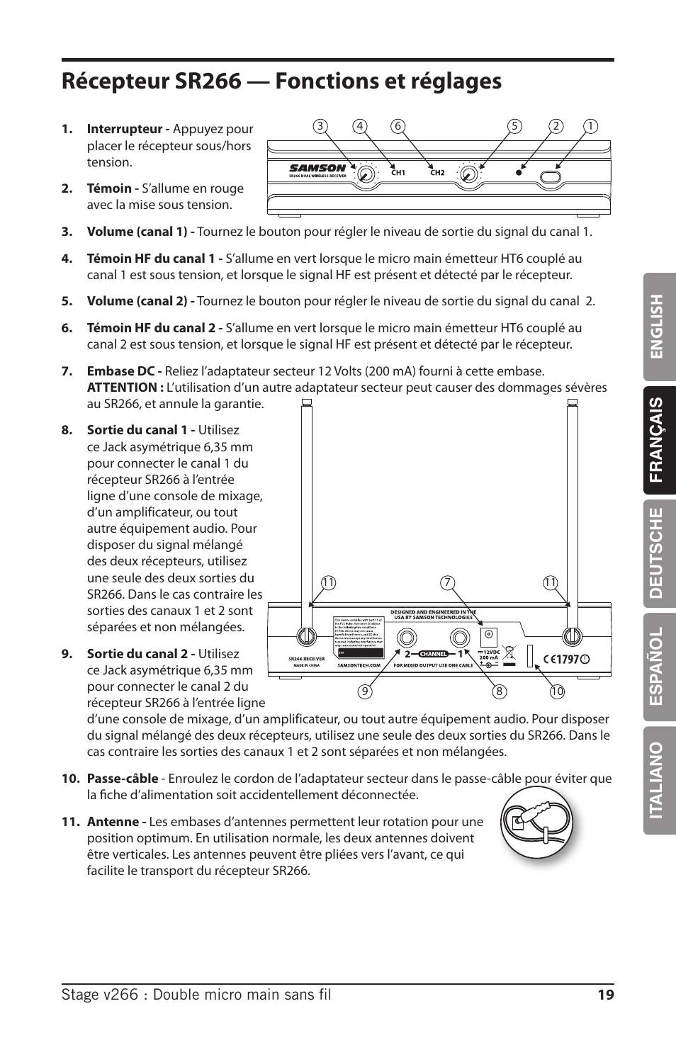 Récepteur sr266 — fonctions et réglages, English français deutsche esp añol it aliano | Samson HT6 Professional Handheld Microphone Transmitter (Channel 3) User Manual | Page 19 / 64