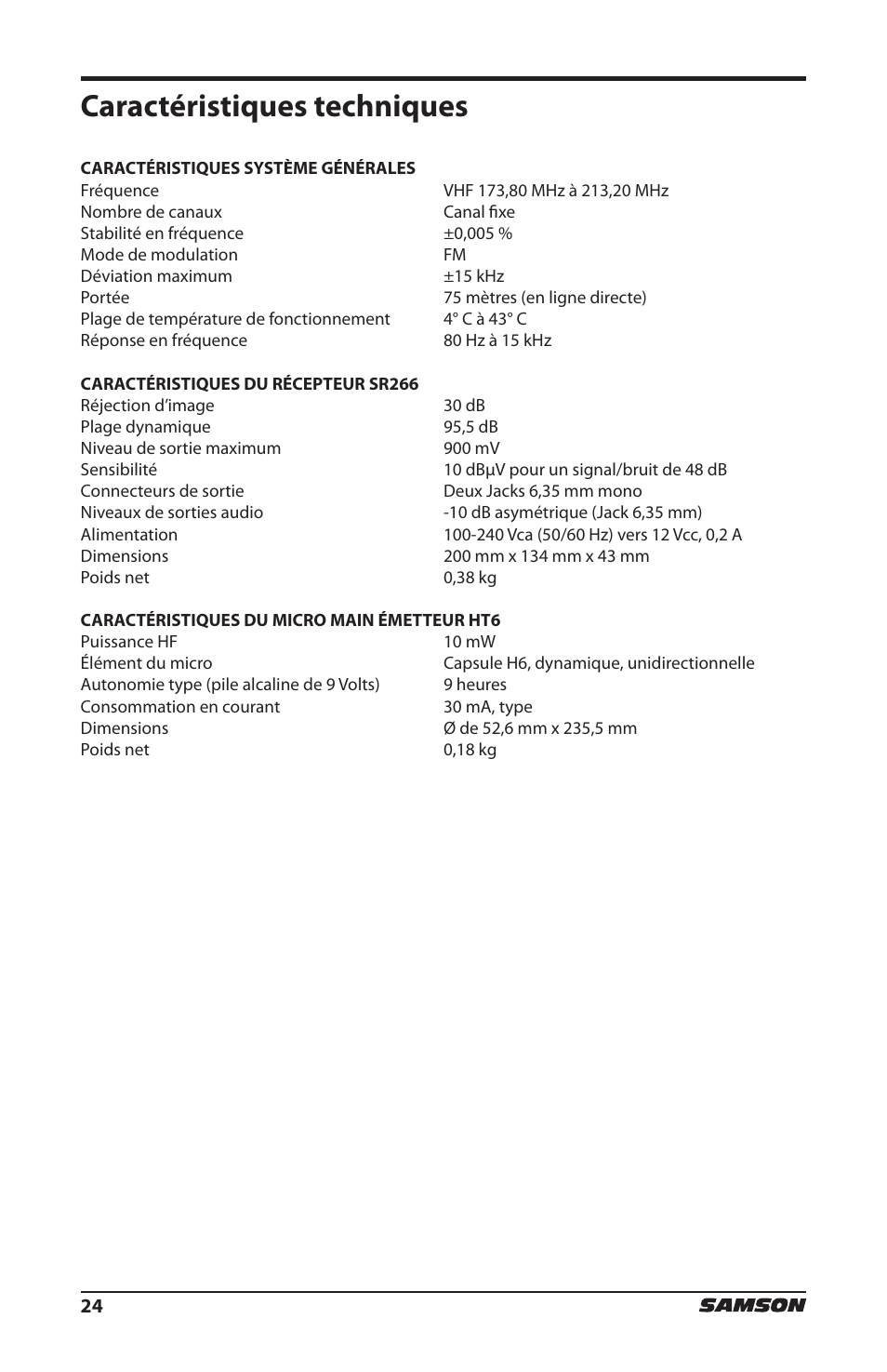 Caractéristiques techniques | Samson HT6 Professional Handheld Microphone Transmitter (Channel 3) User Manual | Page 24 / 64