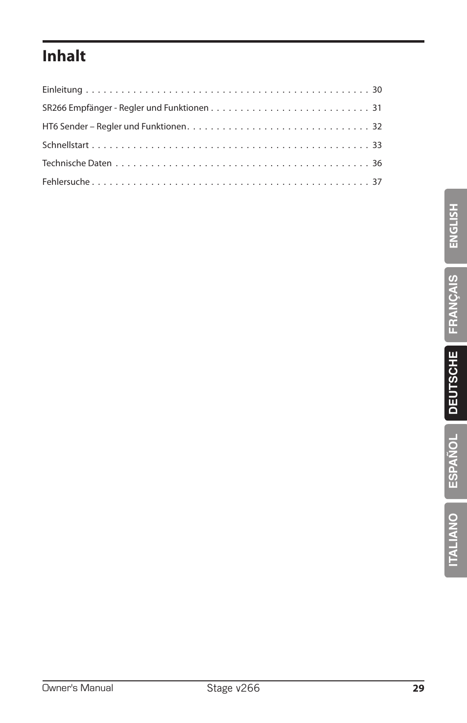Inhalt | Samson HT6 Professional Handheld Microphone Transmitter (Channel 3) User Manual | Page 29 / 64