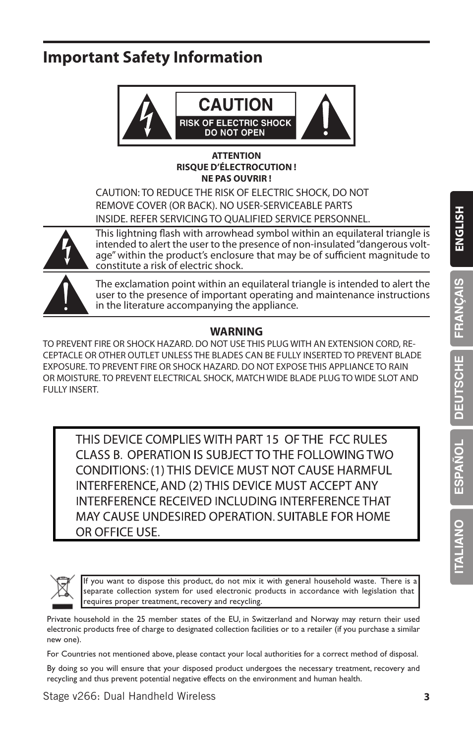 Important safety information | Samson HT6 Professional Handheld Microphone Transmitter (Channel 3) User Manual | Page 3 / 64