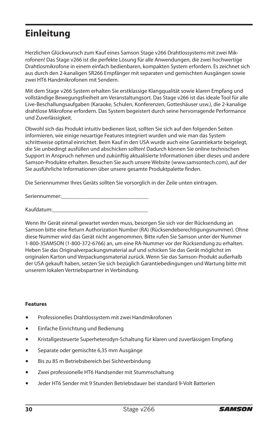 Einleitung | Samson HT6 Professional Handheld Microphone Transmitter (Channel 3) User Manual | Page 30 / 64