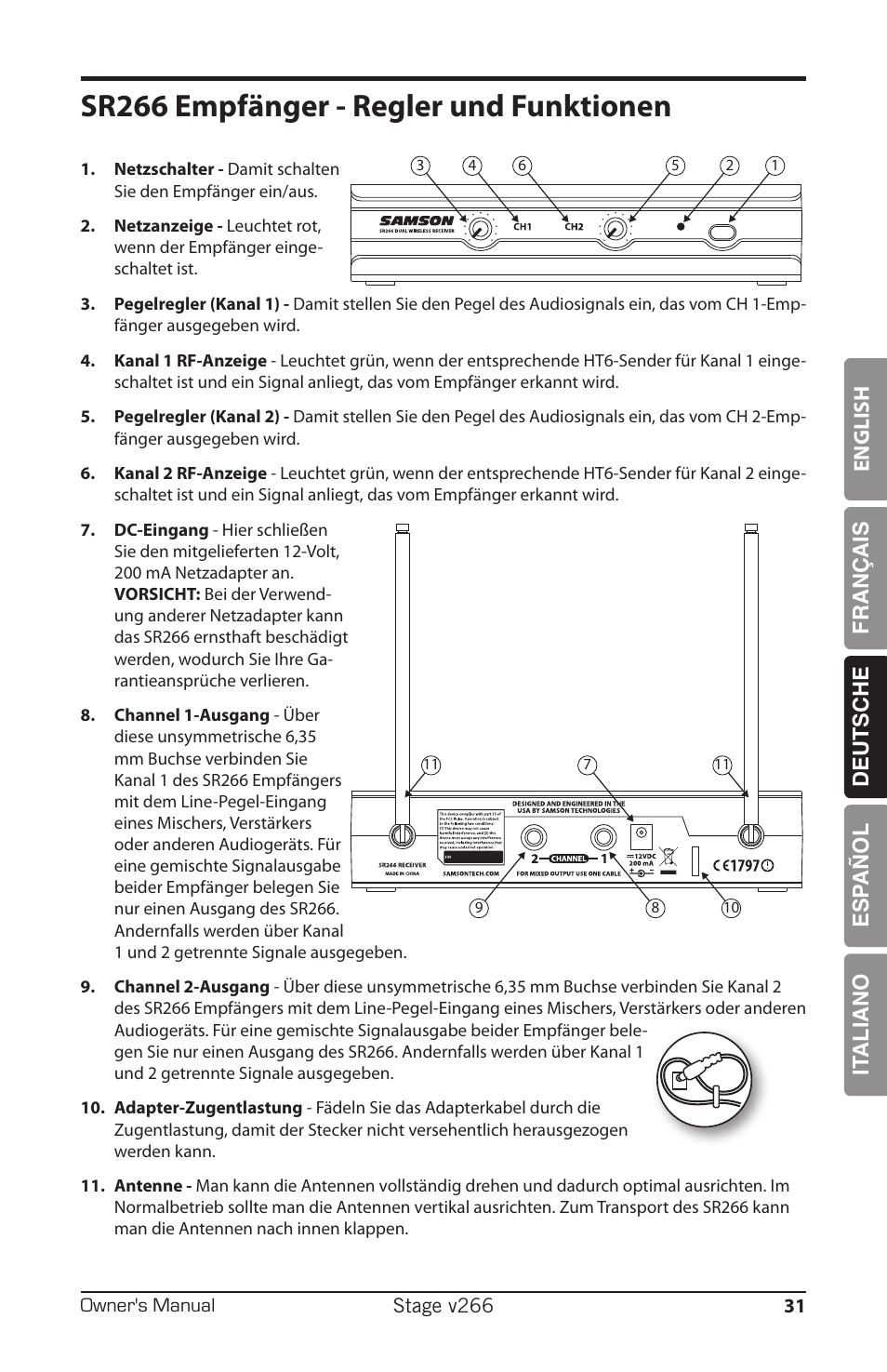 Sr266 empfänger - regler und funktionen, English français deutsche esp añol it aliano | Samson HT6 Professional Handheld Microphone Transmitter (Channel 3) User Manual | Page 31 / 64