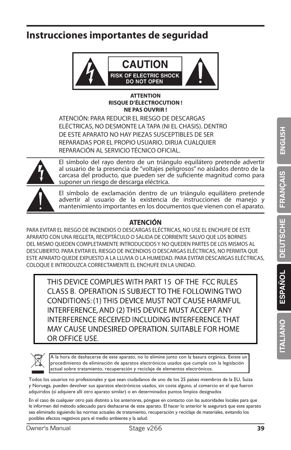 Instrucciones importantes de seguridad | Samson HT6 Professional Handheld Microphone Transmitter (Channel 3) User Manual | Page 39 / 64