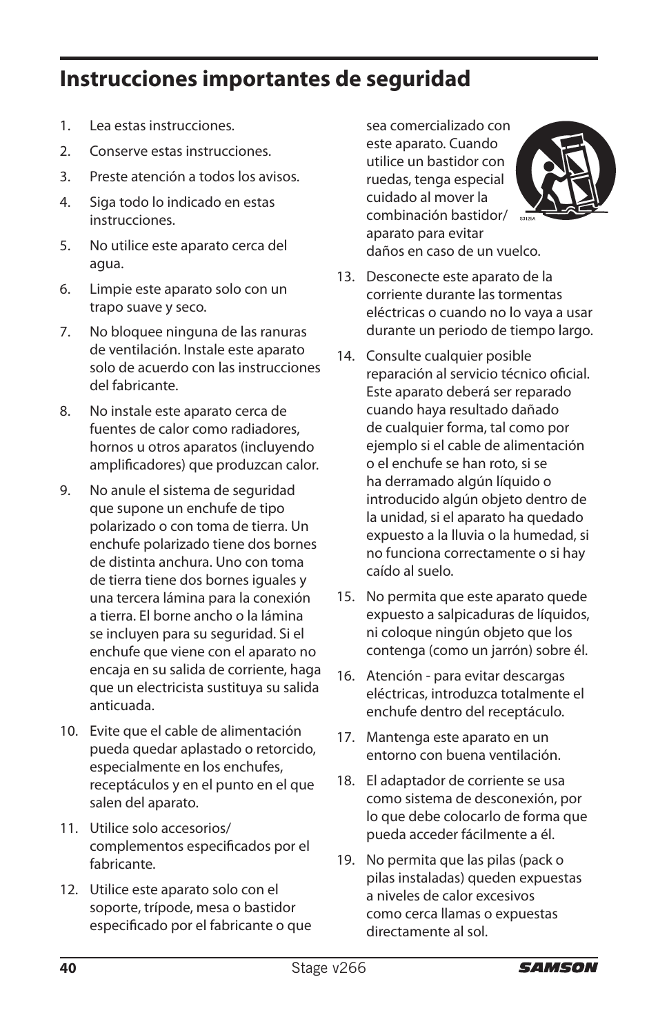 Instrucciones importantes de seguridad | Samson HT6 Professional Handheld Microphone Transmitter (Channel 3) User Manual | Page 40 / 64