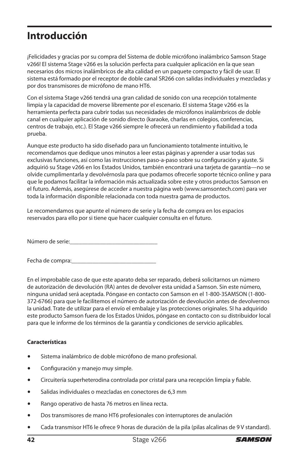 Introducción | Samson HT6 Professional Handheld Microphone Transmitter (Channel 3) User Manual | Page 42 / 64