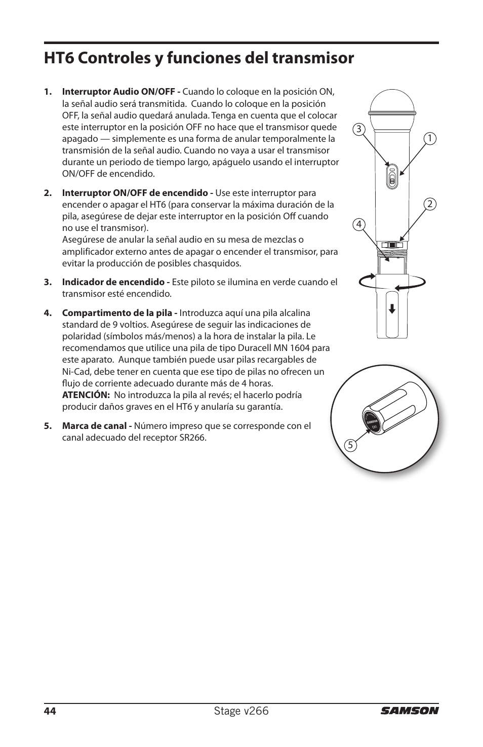 Ht6 controles y funciones del transmisor | Samson HT6 Professional Handheld Microphone Transmitter (Channel 3) User Manual | Page 44 / 64