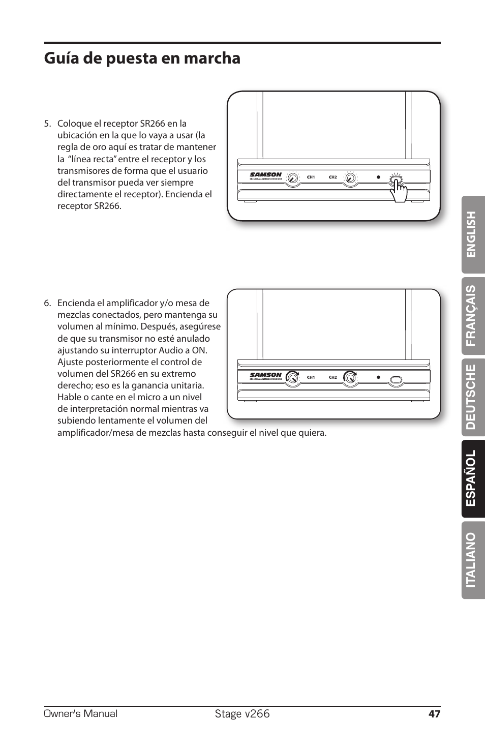 Guía de puesta en marcha | Samson HT6 Professional Handheld Microphone Transmitter (Channel 3) User Manual | Page 47 / 64