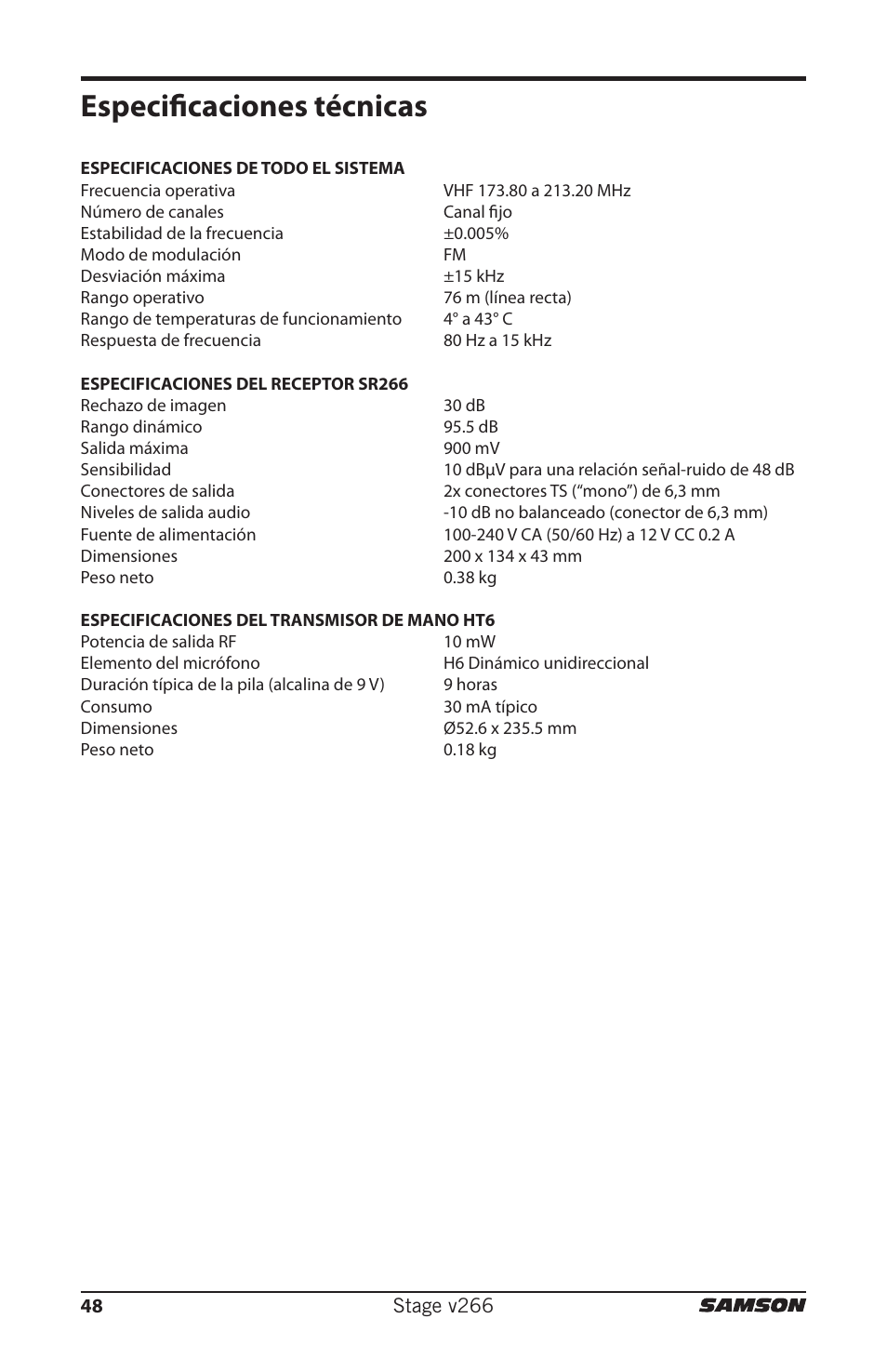 Especificaciones técnicas | Samson HT6 Professional Handheld Microphone Transmitter (Channel 3) User Manual | Page 48 / 64