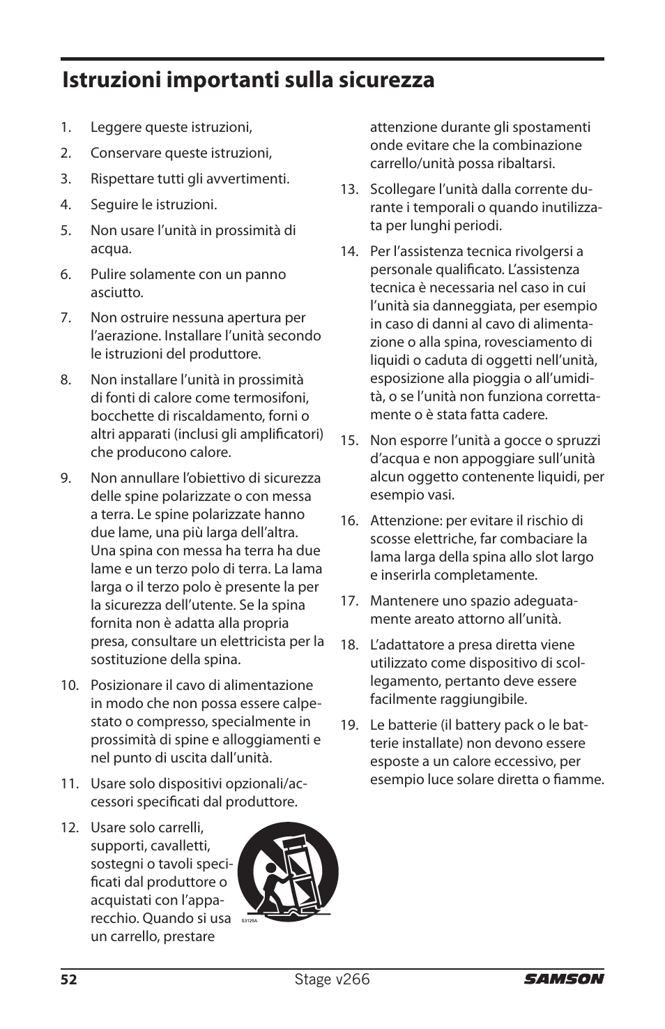 Istruzioni importanti sulla sicurezza | Samson HT6 Professional Handheld Microphone Transmitter (Channel 3) User Manual | Page 52 / 64