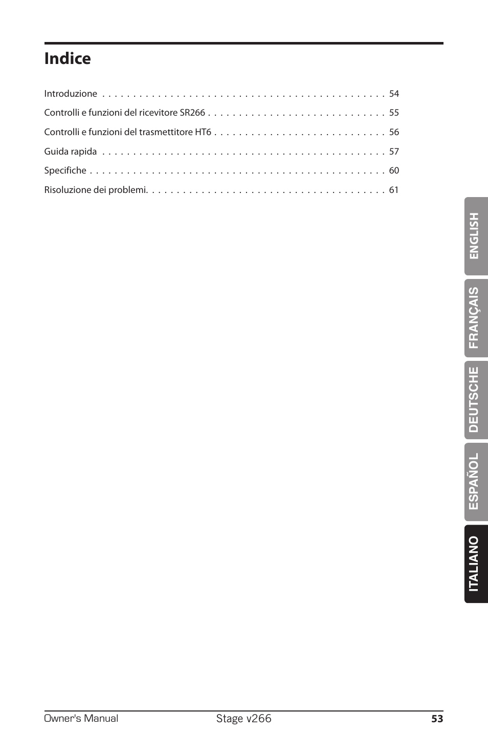Indice | Samson HT6 Professional Handheld Microphone Transmitter (Channel 3) User Manual | Page 53 / 64