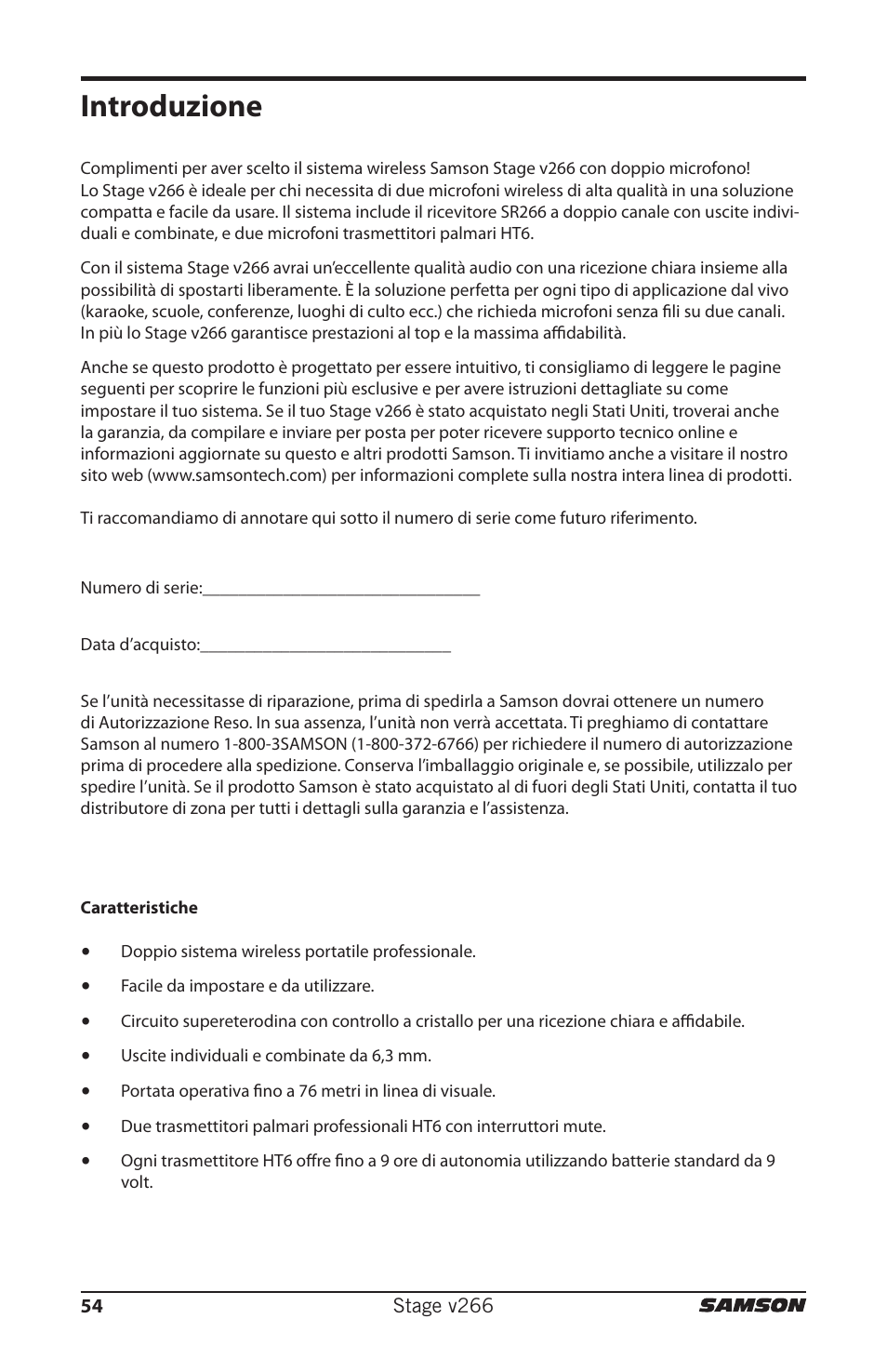 Introduzione | Samson HT6 Professional Handheld Microphone Transmitter (Channel 3) User Manual | Page 54 / 64