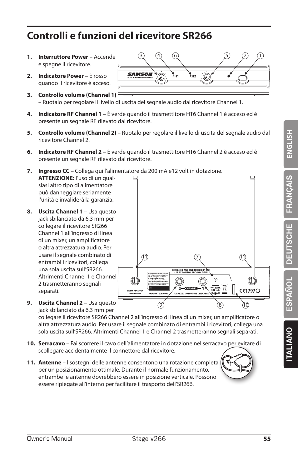 Controlli e funzioni del ricevitore sr266, English français deutsche esp añol it aliano | Samson HT6 Professional Handheld Microphone Transmitter (Channel 3) User Manual | Page 55 / 64