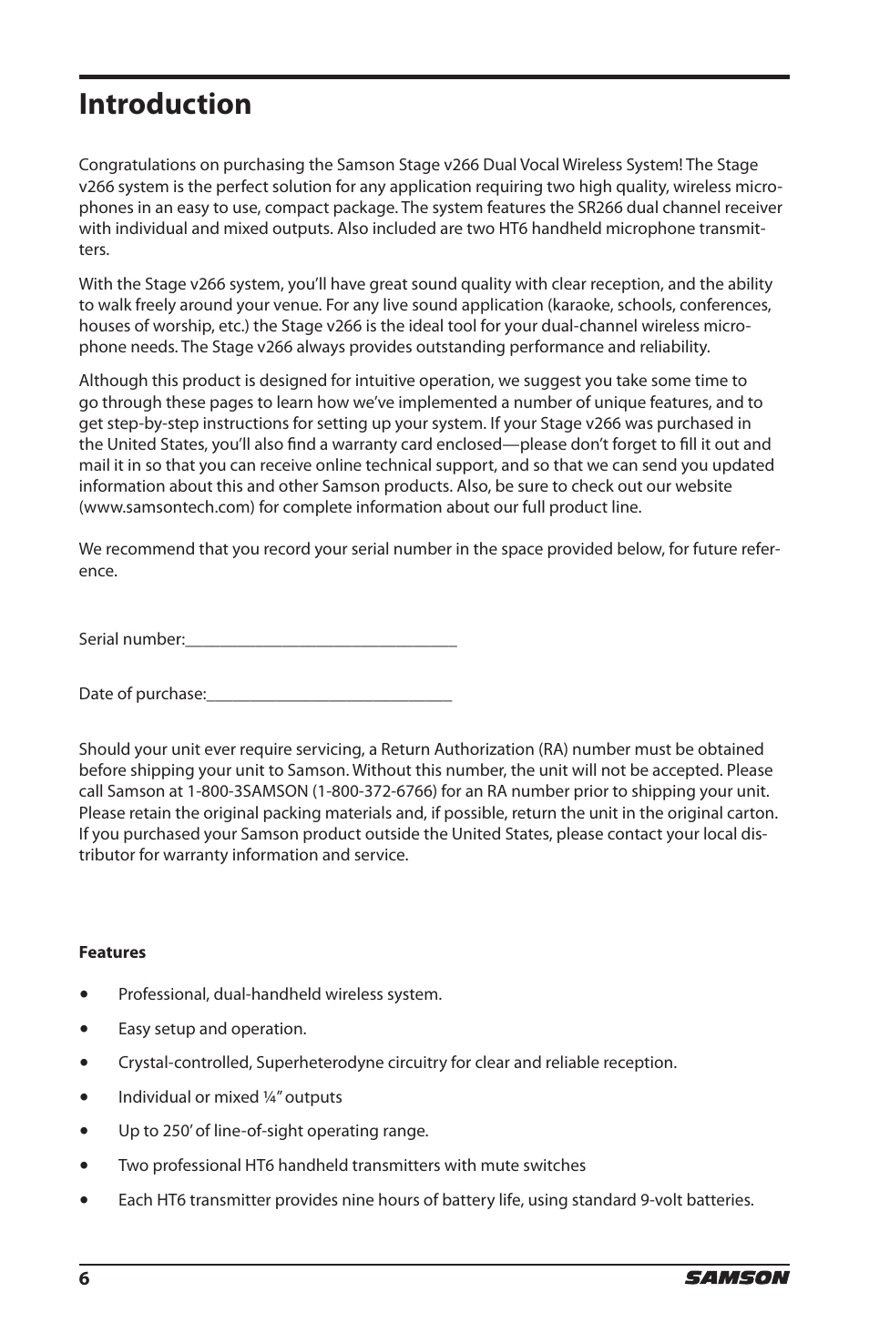 Introduction | Samson HT6 Professional Handheld Microphone Transmitter (Channel 3) User Manual | Page 6 / 64