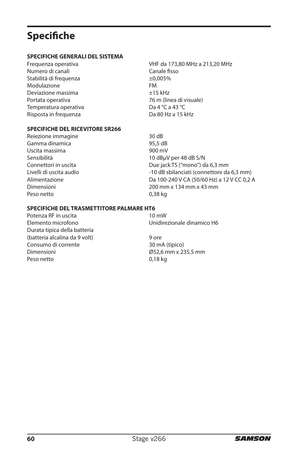 Specifiche | Samson HT6 Professional Handheld Microphone Transmitter (Channel 3) User Manual | Page 60 / 64