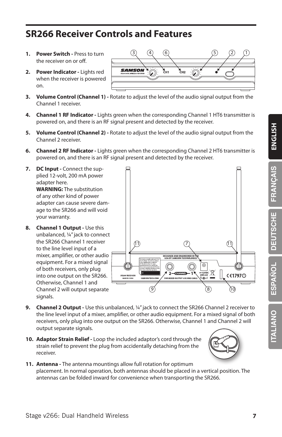 Sr266 receiver controls and features, English français deutsche esp añol it aliano | Samson HT6 Professional Handheld Microphone Transmitter (Channel 3) User Manual | Page 7 / 64
