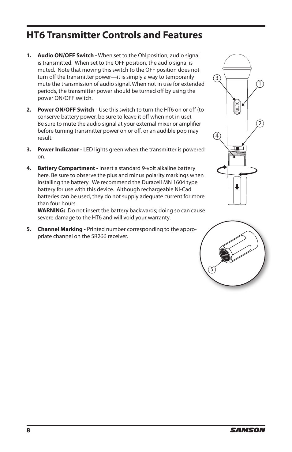 Ht6 transmitter controls and features | Samson HT6 Professional Handheld Microphone Transmitter (Channel 3) User Manual | Page 8 / 64