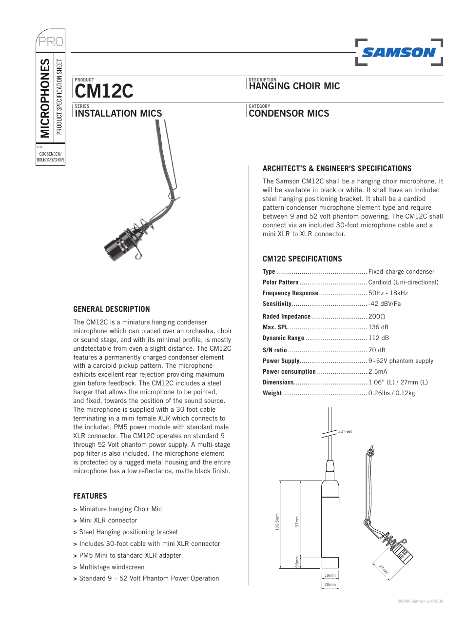 Samson CM12C Hanging Choir Microphone (Black) User Manual | 2 pages