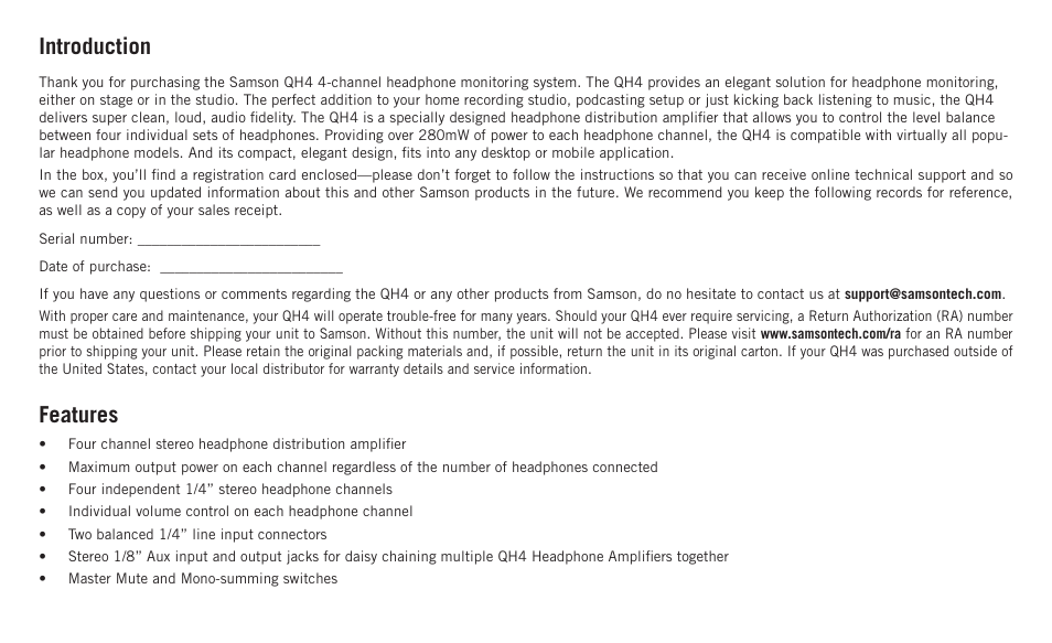 Introduction features | Samson QH4 4-Channel Headphone Amplifier User Manual | Page 4 / 12