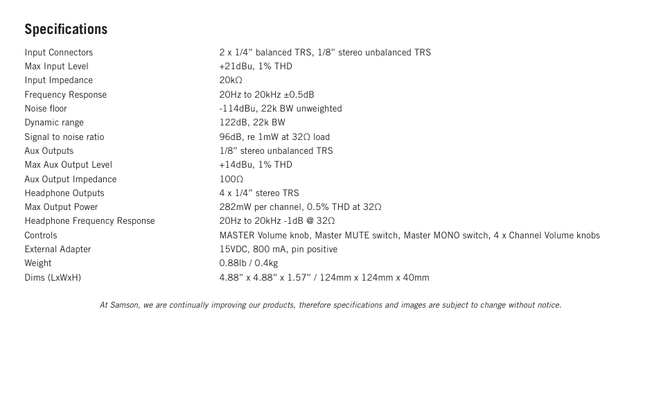 Specifications | Samson QH4 4-Channel Headphone Amplifier User Manual | Page 9 / 12