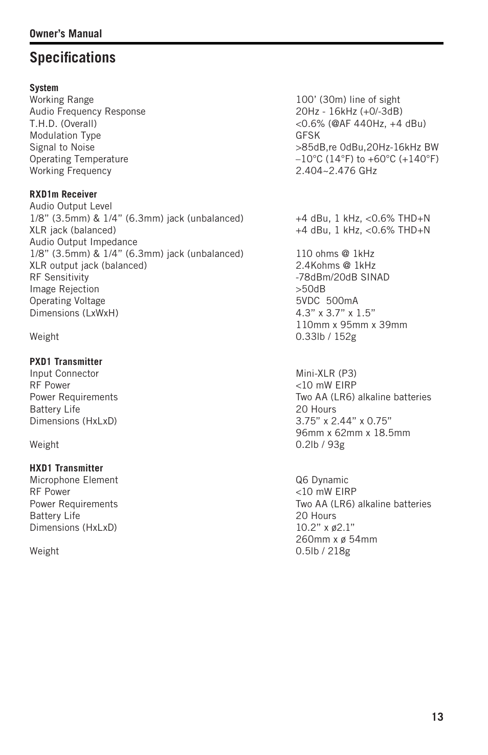 Specifications | Samson XPD2 Headset USB Digital Wireless System User Manual | Page 13 / 14