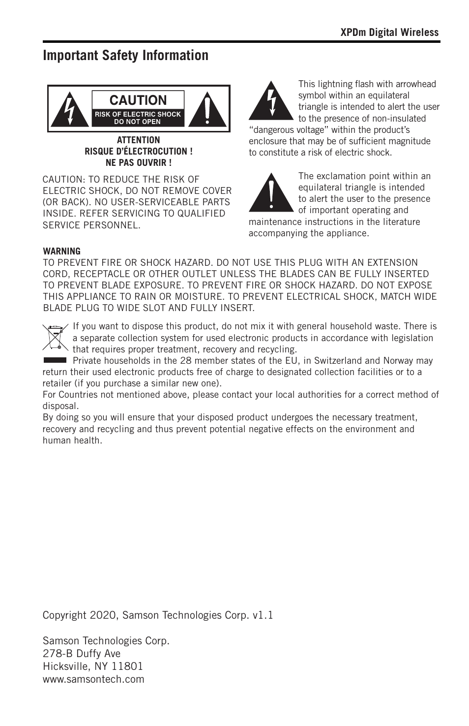 Important safety information | Samson XPD2 Headset USB Digital Wireless System User Manual | Page 2 / 14