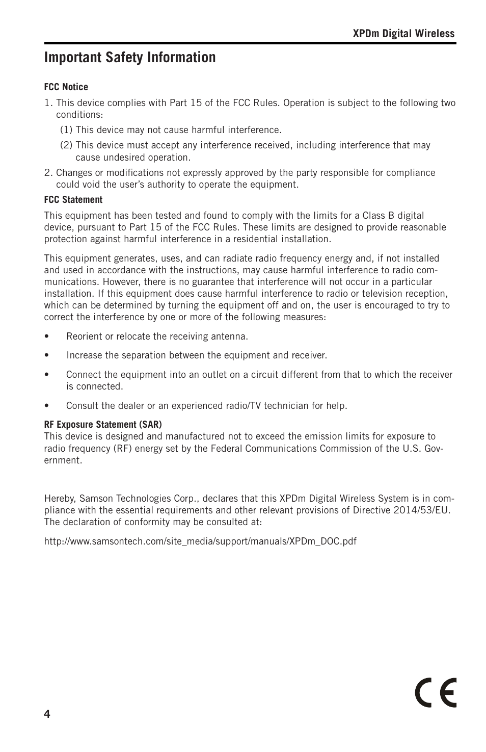 Important safety information | Samson XPD2 Headset USB Digital Wireless System User Manual | Page 4 / 14