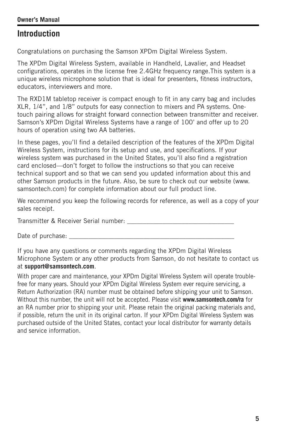 Introduction | Samson XPD2 Headset USB Digital Wireless System User Manual | Page 5 / 14