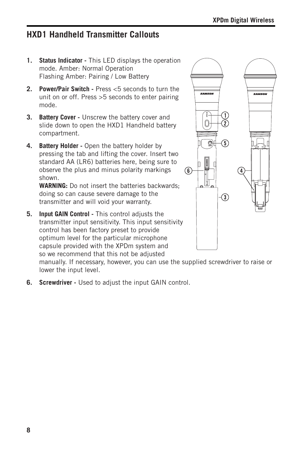Hxd1 handheld transmitter callouts | Samson XPD2 Headset USB Digital Wireless System User Manual | Page 8 / 14