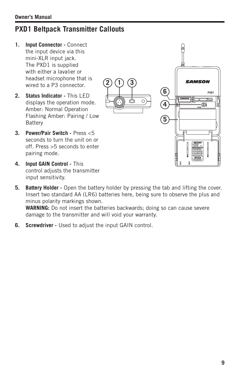 Pxd1 beltpack transmitter callouts | Samson XPD2 Headset USB Digital Wireless System User Manual | Page 9 / 14