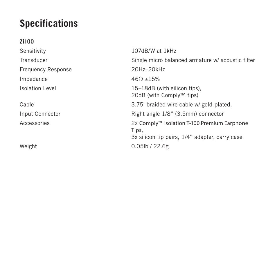 Specifications | Samson Zi100 Single-Driver Reference Earphones (Black) User Manual | Page 10 / 52