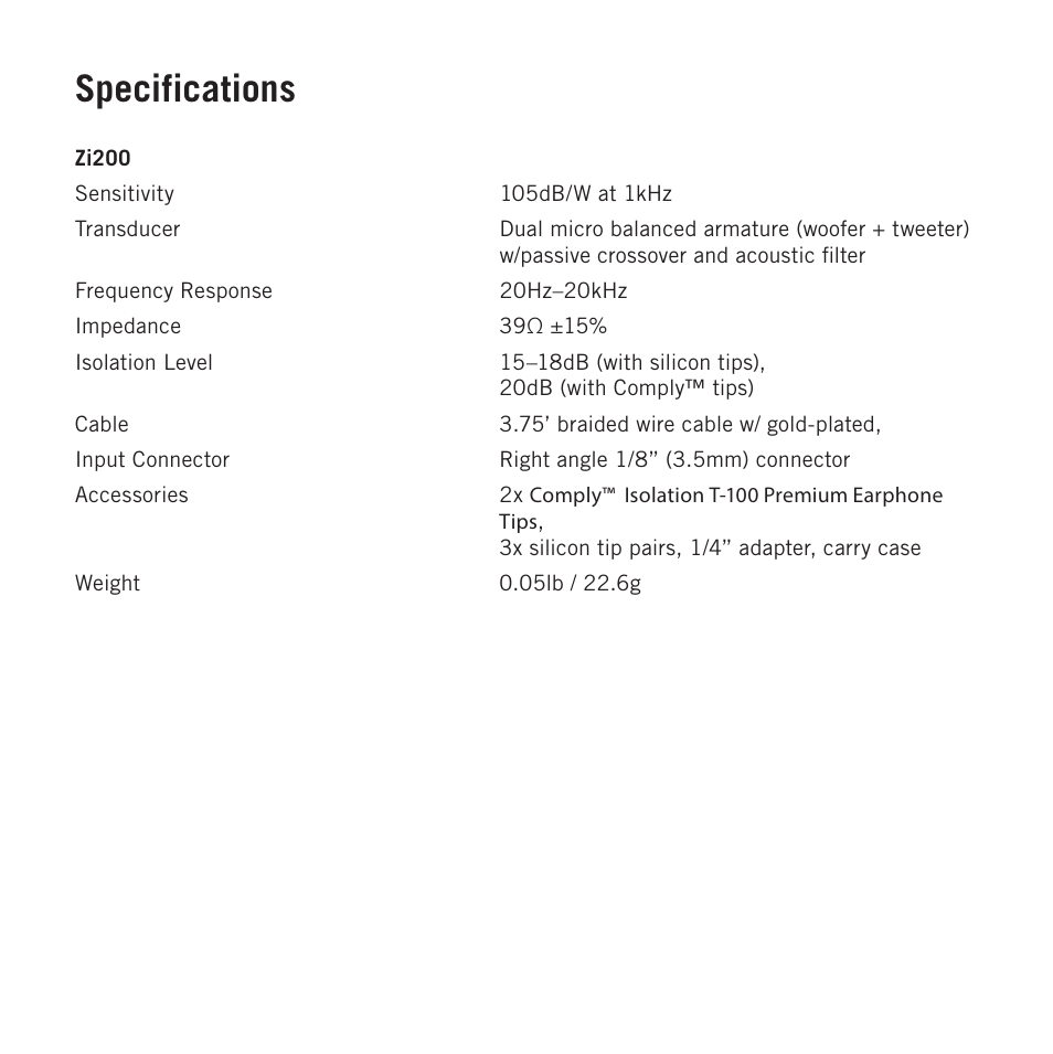 Specifications | Samson Zi100 Single-Driver Reference Earphones (Black) User Manual | Page 11 / 52