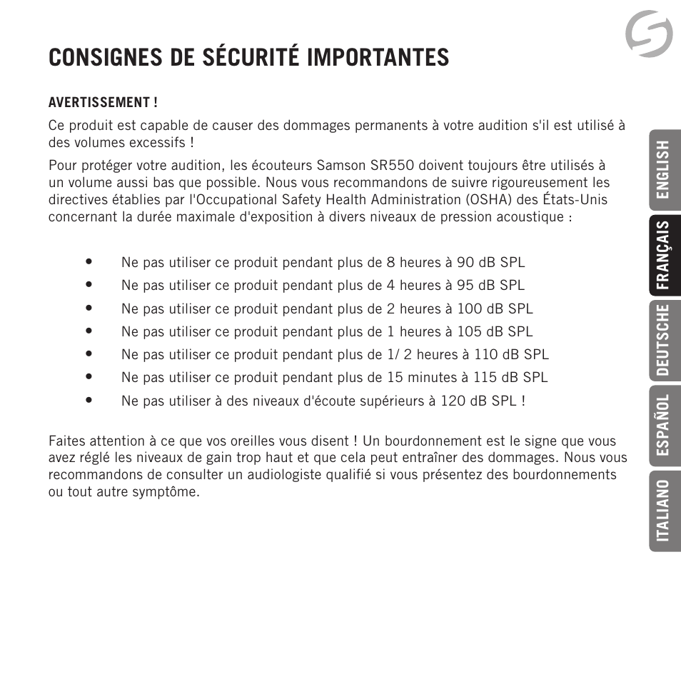 Consignes de sécurité importantes | Samson Zi100 Single-Driver Reference Earphones (Black) User Manual | Page 13 / 52