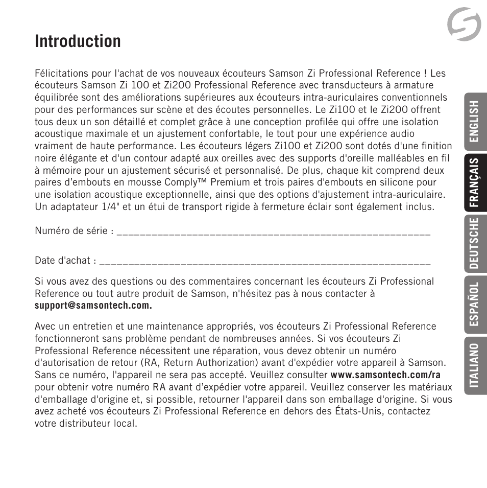 Introduction | Samson Zi100 Single-Driver Reference Earphones (Black) User Manual | Page 15 / 52