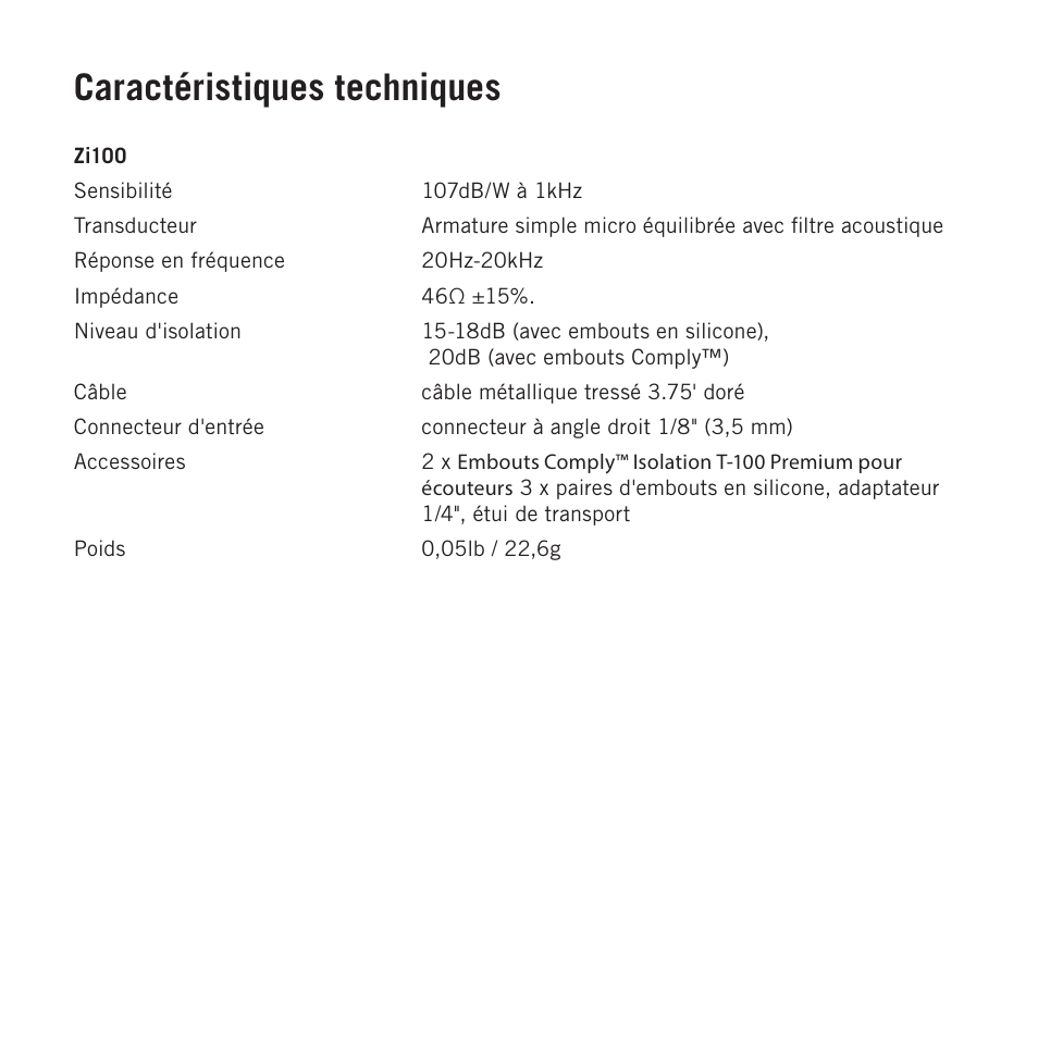 Caractéristiques techniques | Samson Zi100 Single-Driver Reference Earphones (Black) User Manual | Page 20 / 52