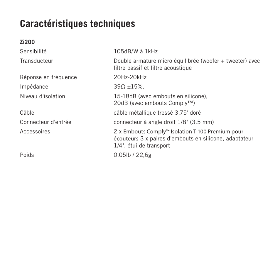 Caractéristiques techniques | Samson Zi100 Single-Driver Reference Earphones (Black) User Manual | Page 21 / 52