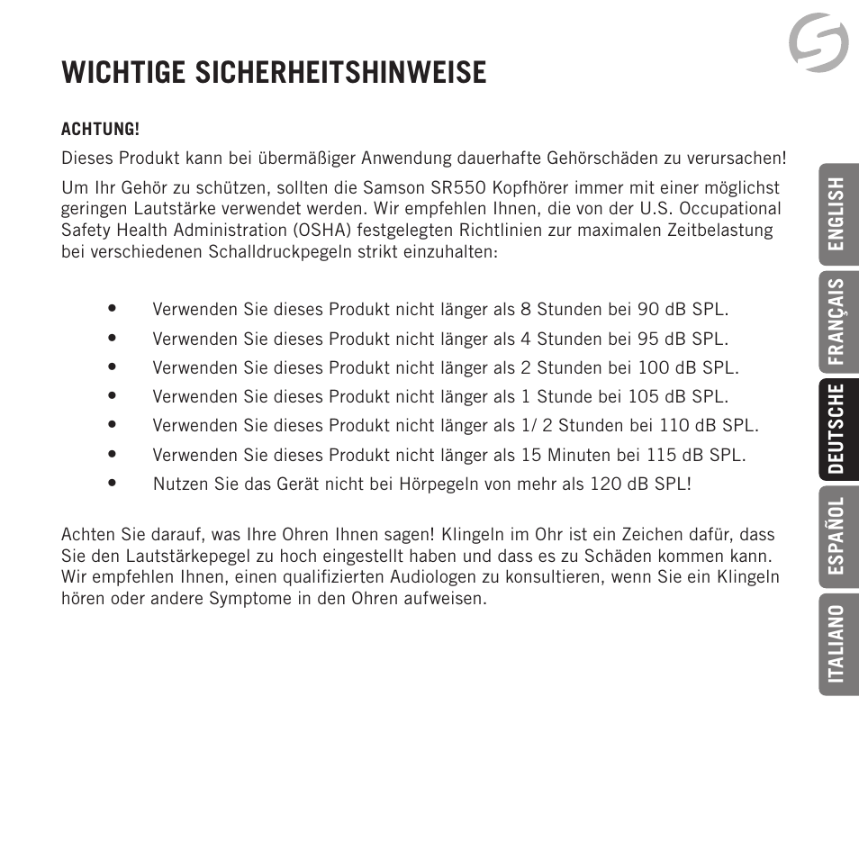 Wichtige sicherheitshinweise | Samson Zi100 Single-Driver Reference Earphones (Black) User Manual | Page 23 / 52