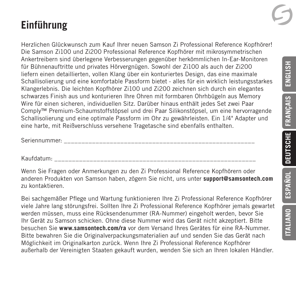 Einführung | Samson Zi100 Single-Driver Reference Earphones (Black) User Manual | Page 25 / 52