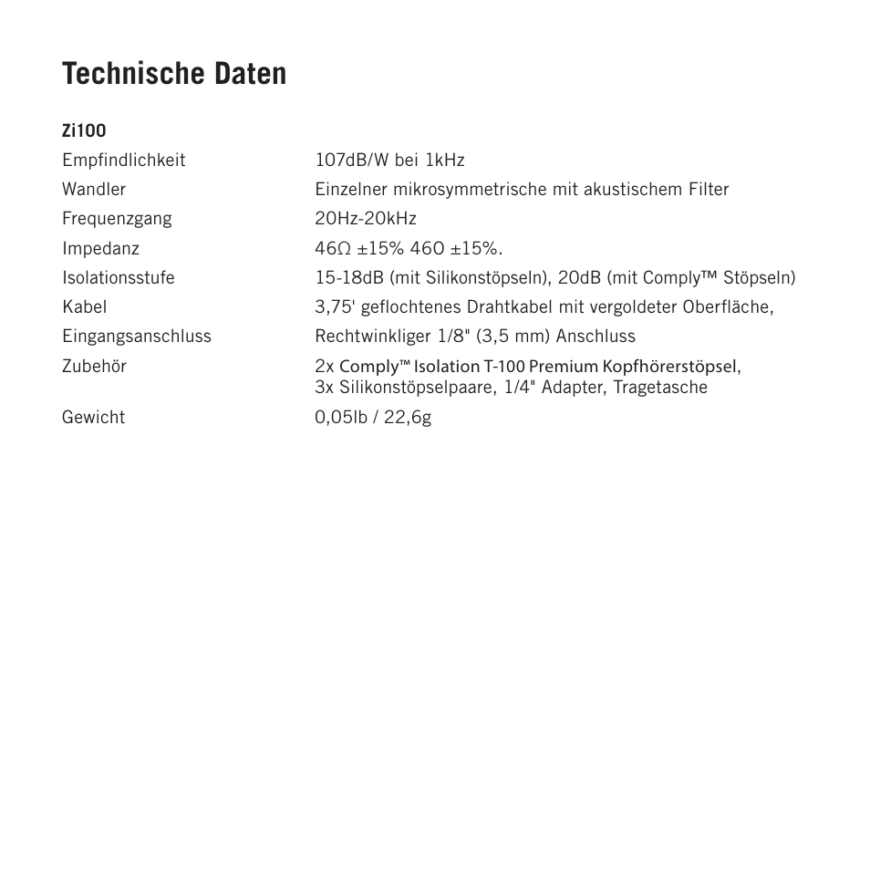 Technische daten | Samson Zi100 Single-Driver Reference Earphones (Black) User Manual | Page 30 / 52