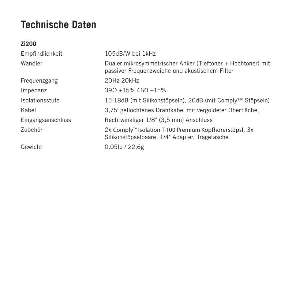 Technische daten | Samson Zi100 Single-Driver Reference Earphones (Black) User Manual | Page 31 / 52