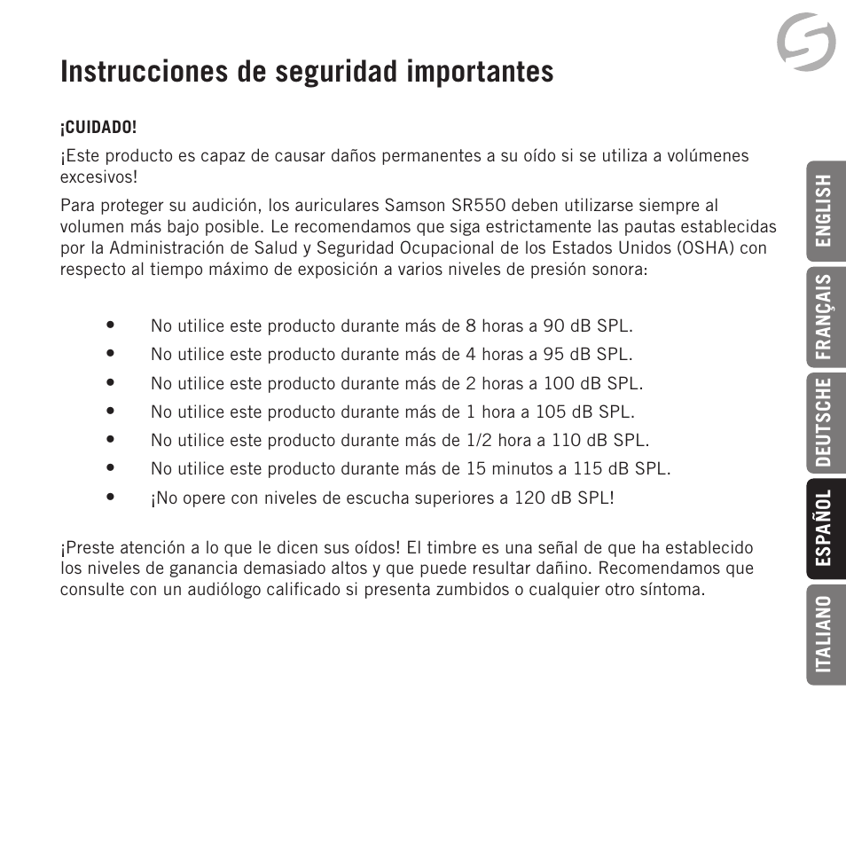 Instrucciones de seguridad importantes | Samson Zi100 Single-Driver Reference Earphones (Black) User Manual | Page 33 / 52