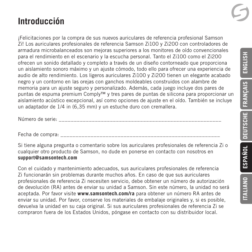 Introducción | Samson Zi100 Single-Driver Reference Earphones (Black) User Manual | Page 35 / 52